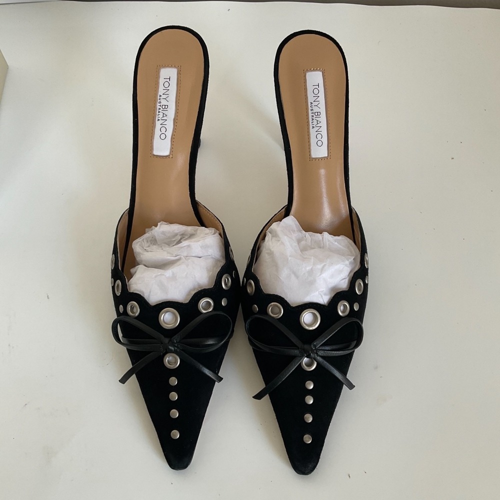 Tony Bianco Revolve Mule Heels Stiletto Shae Pointed Toe Dressy Bow Chic Size 7 - Picture 7 of 15